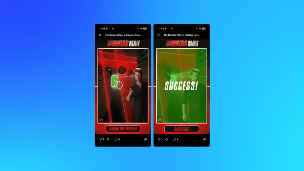 Reddit interactive ad featuring a gamified “Dodge the Drones” experience promoting an upcoming film release.