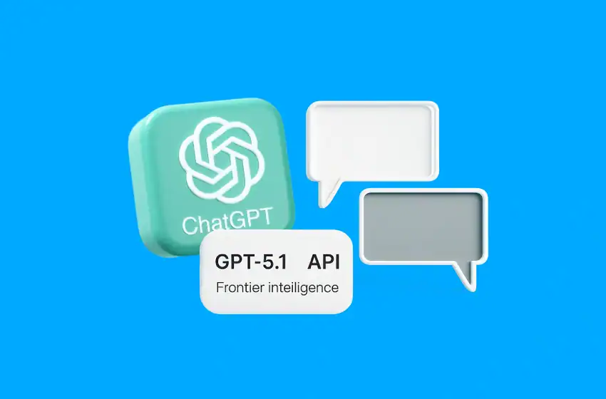 3D ChatGPT 5.1 illustration showing API icon, message bubbles, and ChatGPT logo on a blue background.