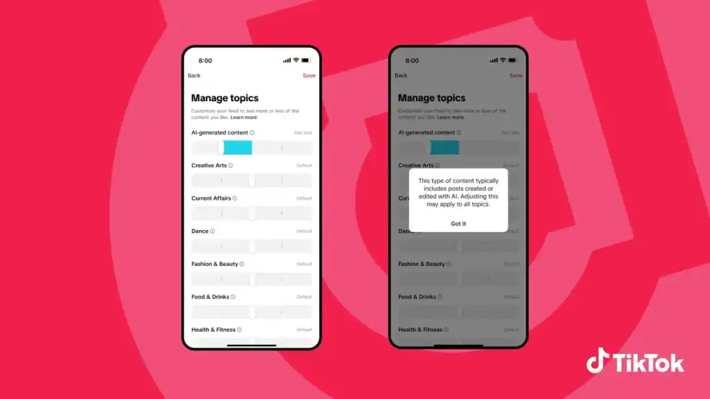 TikTok interface on mobile showing new “Manage Topics” AI-content limit controls and visibility settings.
