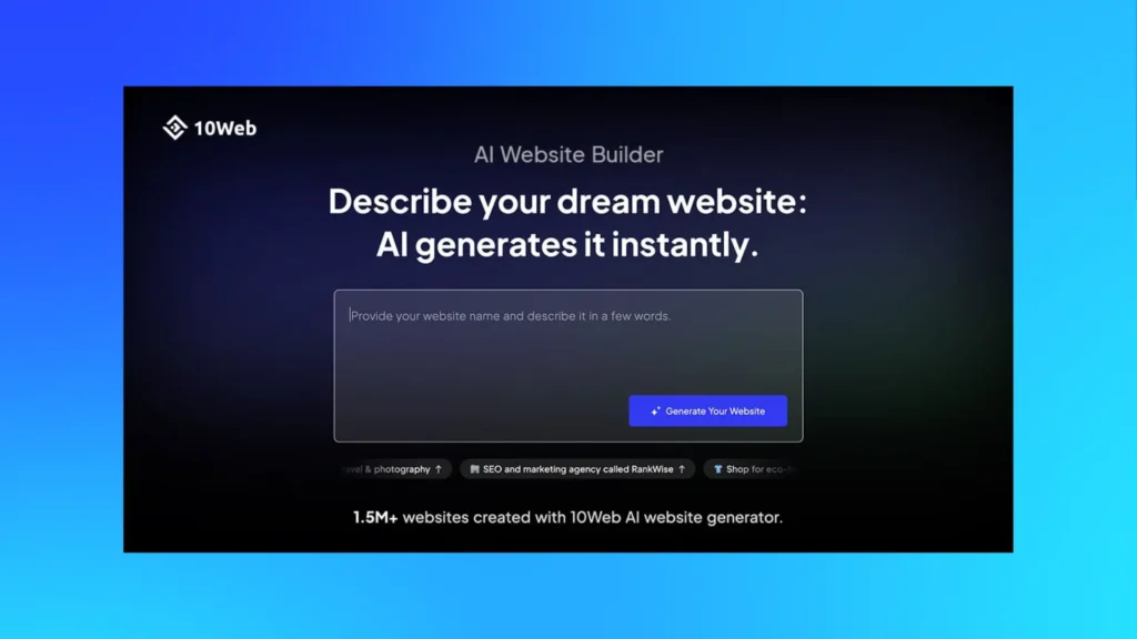 10Web AI website builder showing its prompt-based interface for generating websites instantly, demonstrating how website builder AI automates layouts and content.