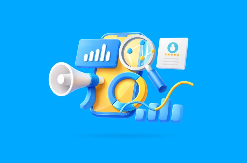 Illustration representing digital marketing analytics, search optimisation and campaign performance with charts, magnifying glass and megaphone icons.