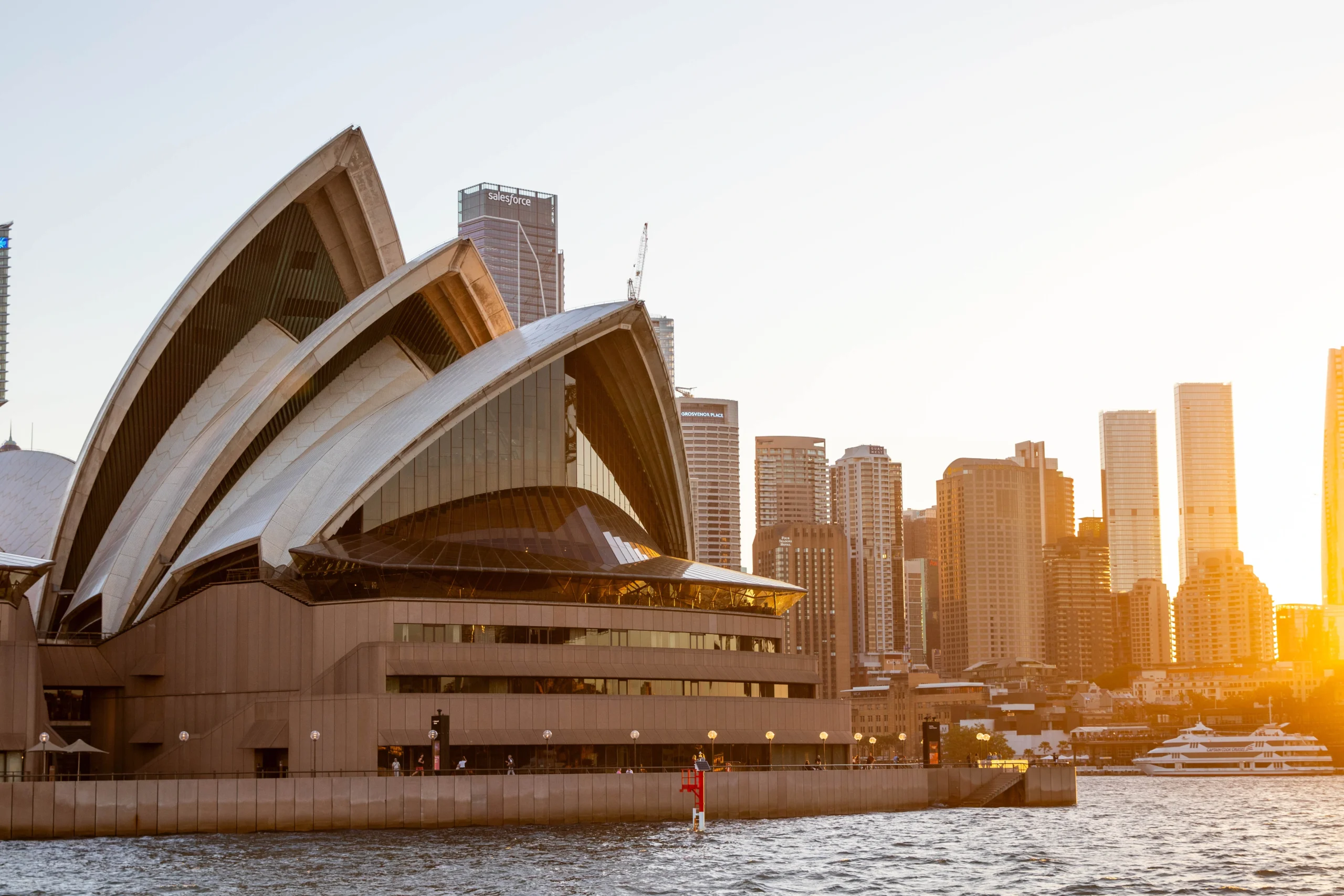 Sydney Opera House from the harbour during sunset at the client party.