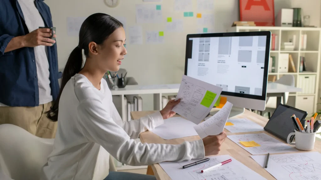 Web designer reviewing printed wireframes beside a computer displaying layout mockups, illustrating the manual design process that AI website builders automate.