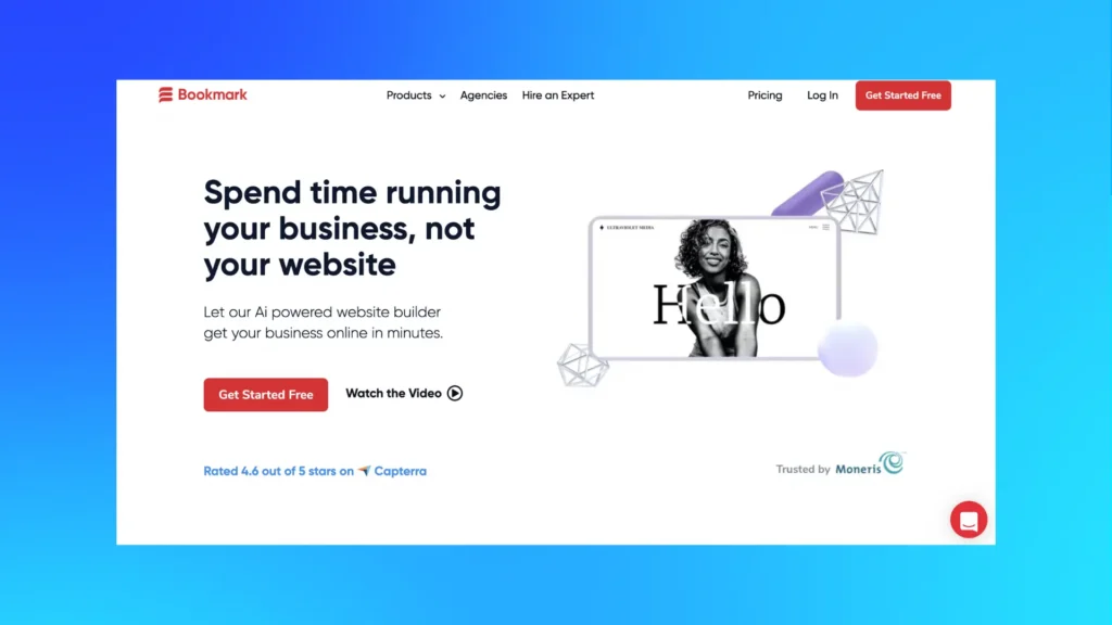 Homepage of Bookmark’s AIDA AI website builder promoting fast automated website creation, showing how AI web design speeds up setup for small businesses.