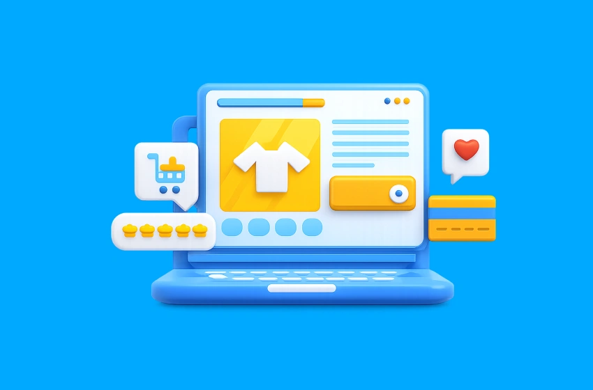 Illustration of an ecommerce website interface showing a product page, shopping cart, reviews and online payment icons.