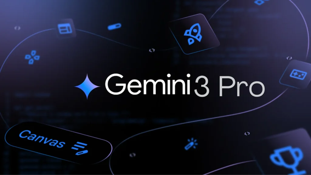 Promotional graphic for Gemini 3 Pro showing its interactive AI capabilities and advanced creative tools for developers.
