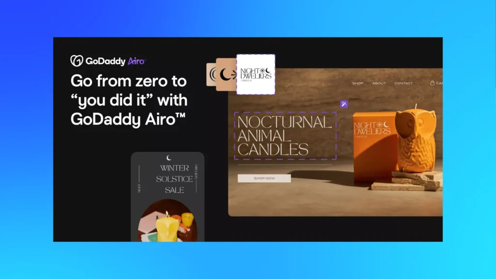 GoDaddy Airo interface generating automated web designs and branding assets, demonstrating how AI website builders assist ecommerce and small business sites.
