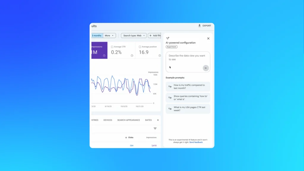 Google Search Console’s new AI-powered configuration interface displaying natural language prompts that streamline organic reporting and organic traffic analysis.