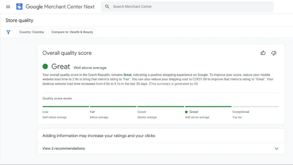 Screenshot of Google Merchant Center displaying an AI-generated store quality score summary and performance recommendations for ecommerce retailers.