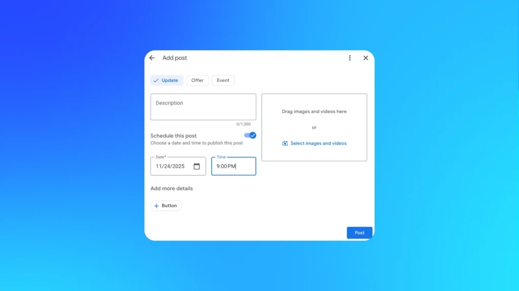 Google Business Profile dashboard showing post scheduling options with date and time selectors for multi-location businesses.