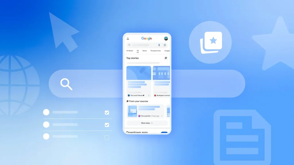 Illustration of Google Search results on a mobile device with icons representing trusted sources and content verification signals.
