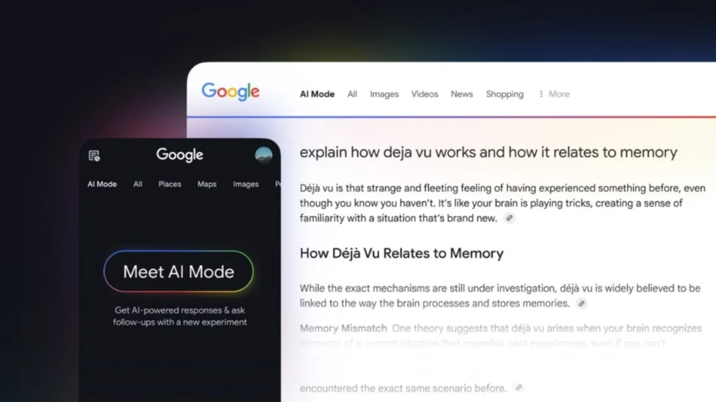 Google Search view showing AI Overviews connected to AI Mode, demonstrating Google AI’s conversational search experience that impacts generative engine optimisation.