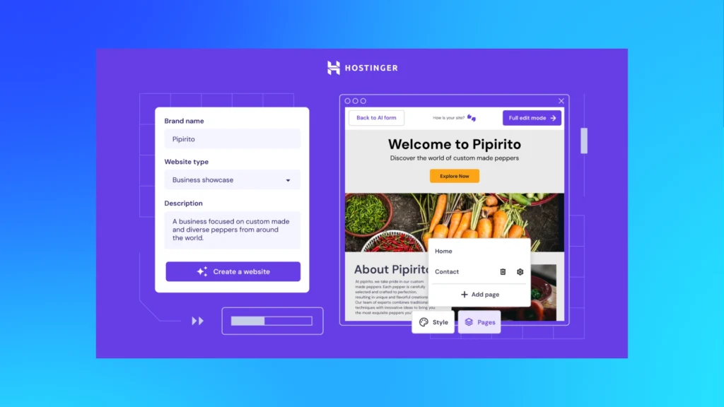 Hostinger’s AI website builder interface showing business inputs and auto-generated page layouts, emphasising how AI web design personalises site structure.