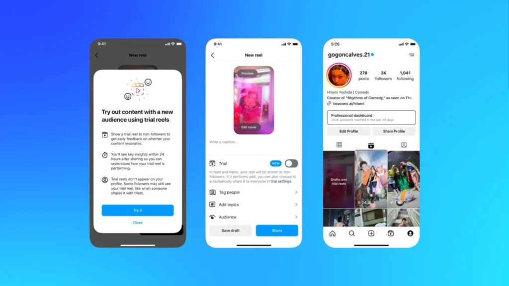 Instagram interface showing a new feature that allows creators to test Reels with a trial audience before publishing to followers.