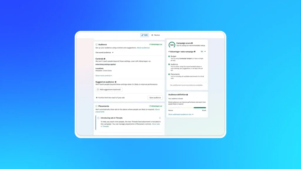 Meta Ads Manager showcasing AI-driven campaign recommendations and placement settings for Threads integration.