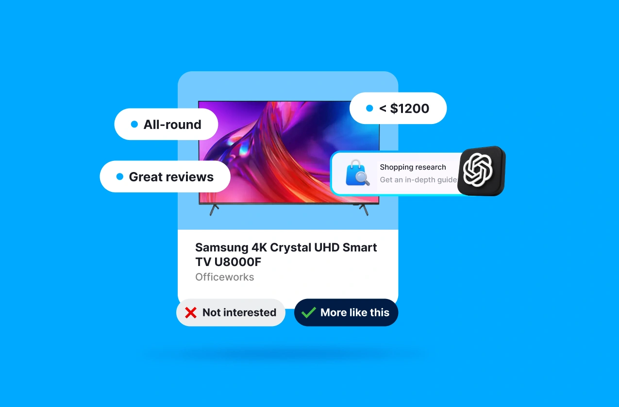 AI shopping assistant interface showing ChatGPT recommending a Samsung 4K UHD Smart TV with price filters, review highlights, and personalised product suggestions.