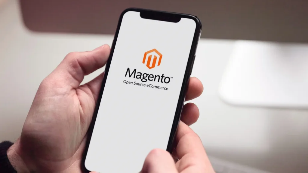 Magento open source ecommerce platform displayed on a smartphone screen