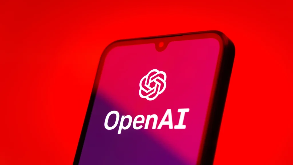 Image of OpenAI logo on a mobile device amid a red background, representing OpenAI’s code red initiative to improve ChatGPT performance and prepare for future display ads.