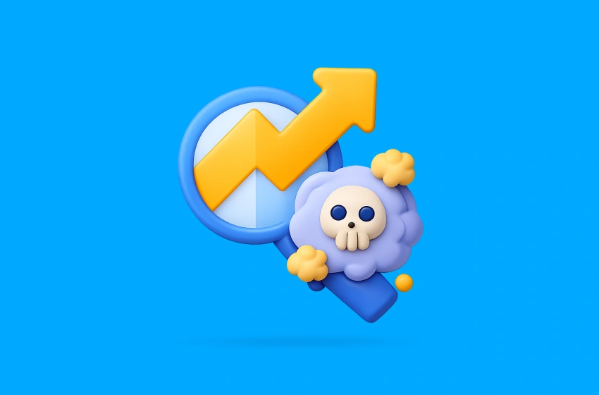 Illustration of an upward growth chart with a warning symbol, representing SEO performance and ranking risks.