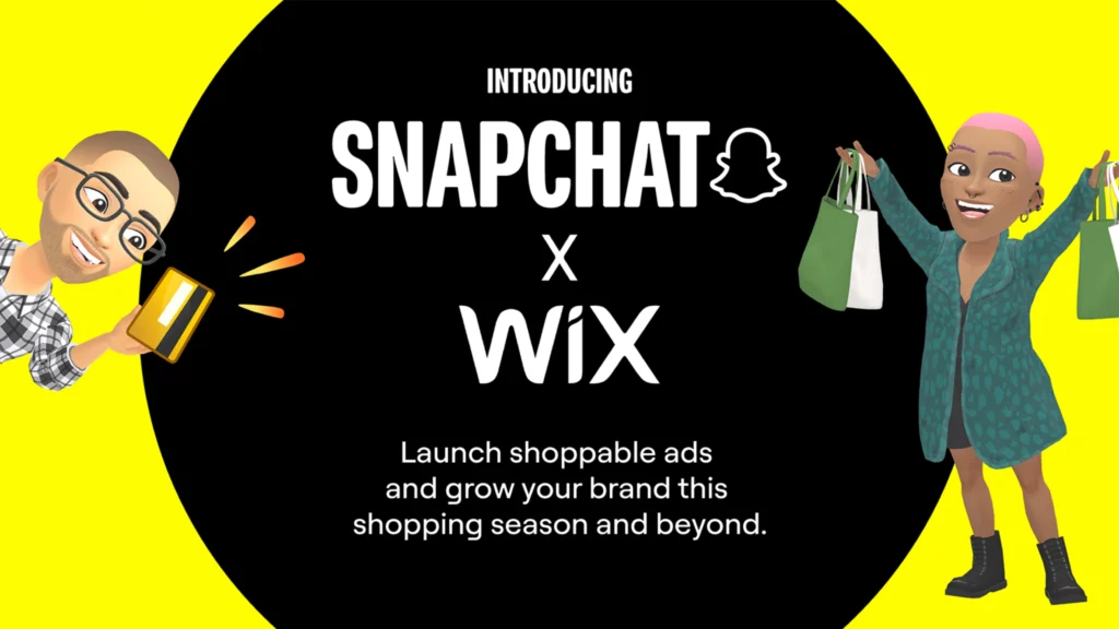 Promotional graphic announcing Snapchat and Wix integration that enables SMB e-commerce brands to launch social media advertising campaigns targeting Gen-Z and Millennial audiences.