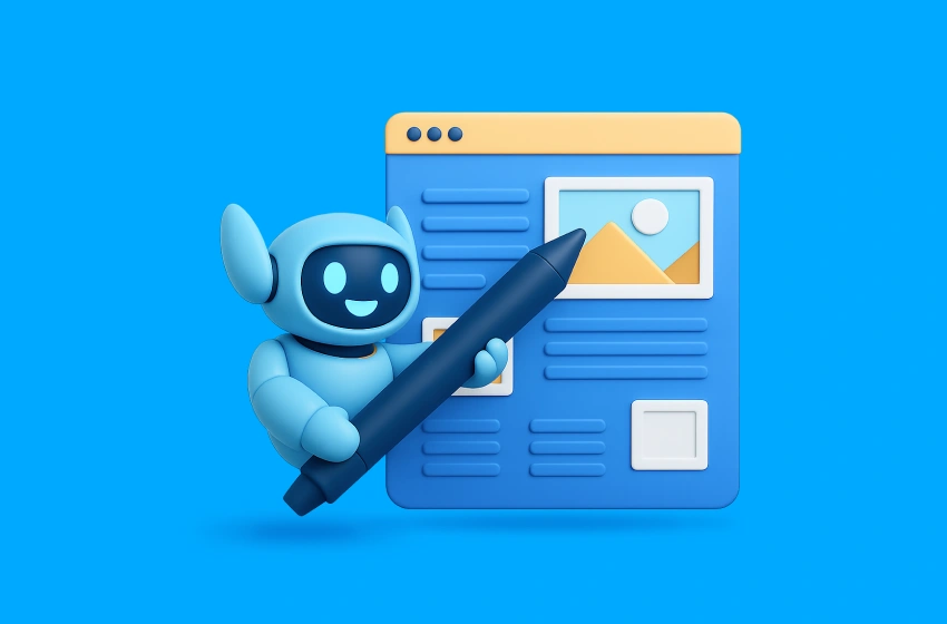 3D illustration of an AI robot writing website content, symbolising how AI website builders generate copy, imagery and page structures automatically.