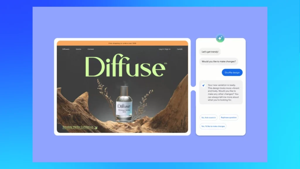 AI web design tool presenting a generated website layout and chat-based design adjustments, demonstrating how AI website builders refine page variations.