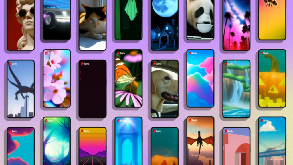 YouTube Shorts interface showing a grid of creative AI-generated short videos, illustrating YouTube’s rollout of AI-powered video editing and effects tools.