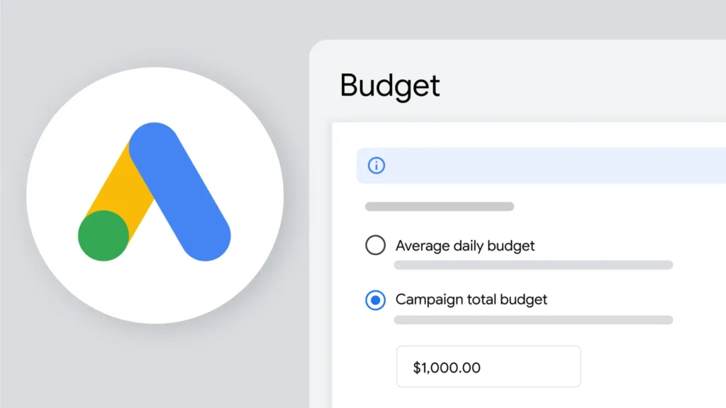Google Ads dashboard displaying campaign total budget settings, showing new budget controls for Search, Performance Max and Shopping campaigns