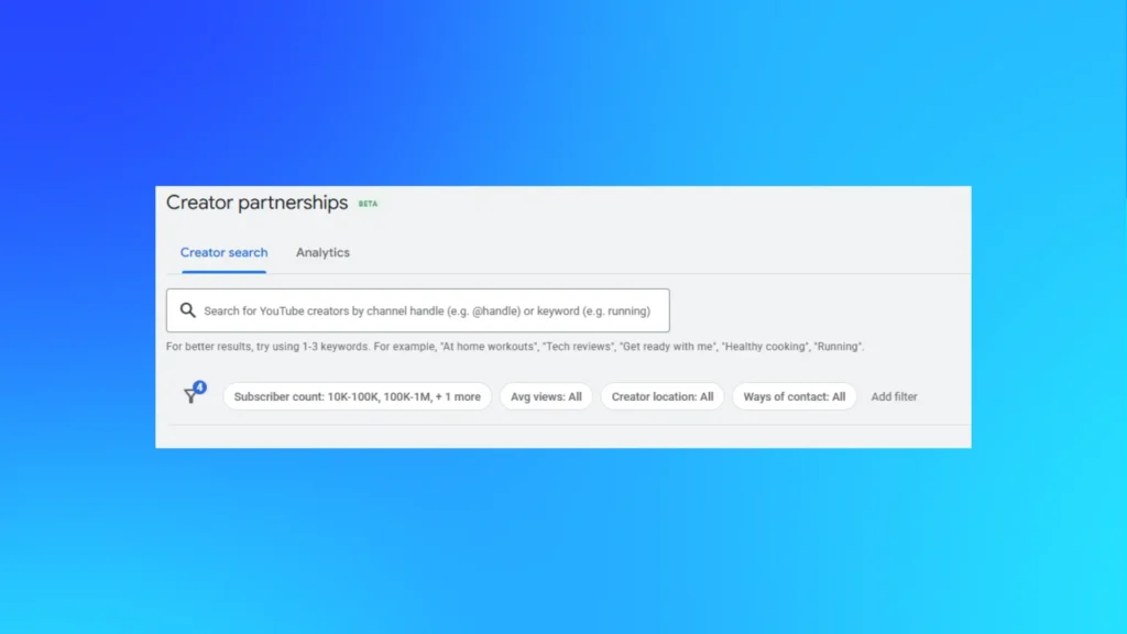 Screenshot of the Google Ads Creator Partnerships interface showing creator search filters and management tools used to discover, organise and manage creator partnerships within Google Ads.