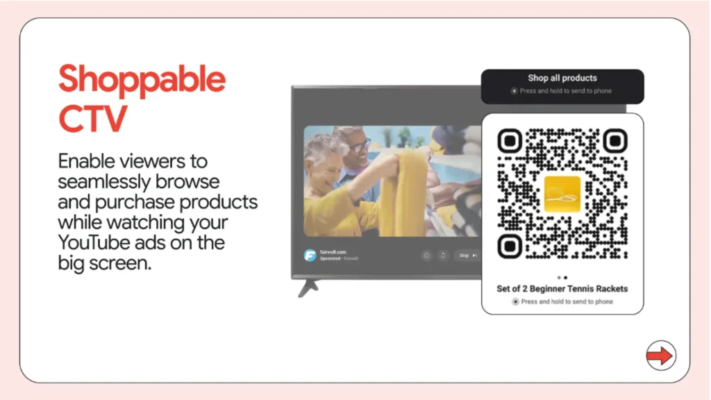 Google Ads shoppable connected TV example showing a QR code on a YouTube ad, demonstrating improved CTV conversion tracking and cross-screen performance for pay-per-click campaigns.