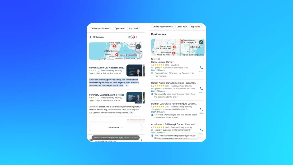 Google AI Overview replacing traditional local pack results, demonstrating reduced local visibility from AI-powered local packs