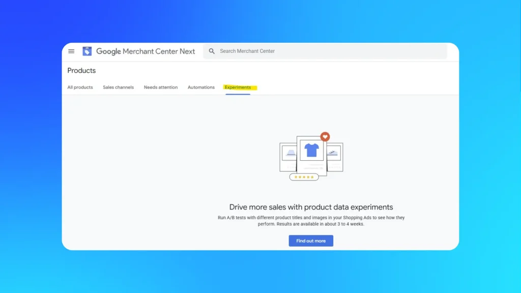 Google Merchant Center Next interface showing product data experiments, enabling A/B testing of product titles and images in Google Shopping Ads
