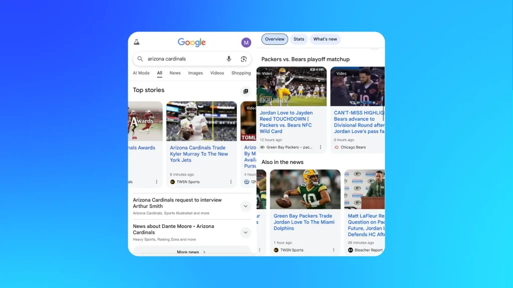 Google Search results page highlighting news content, reflecting changes to search engine optimisation and reduced visibility for predictive news articles