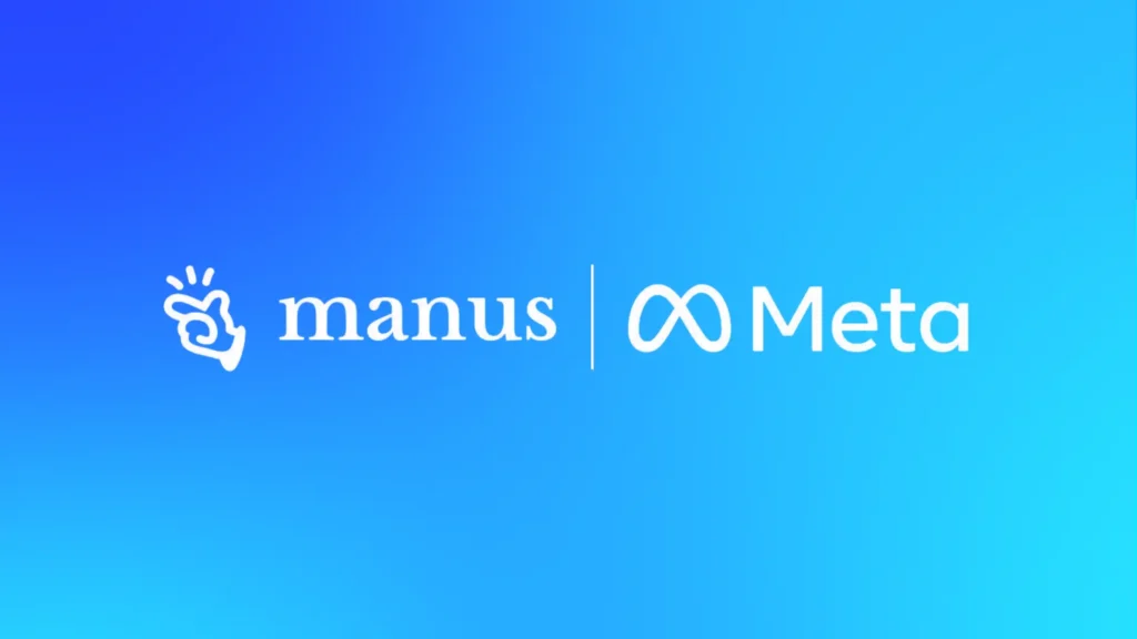 Manus and Meta logos displayed side by side on a blue gradient background, representing Meta’s acquisition of AI chatbot company Manus to expand conversational AI across its platforms.