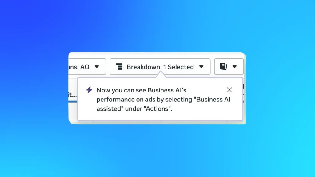 Meta Ads Manager showing Business AI conversion breakdown, highlighting AI-influenced conversions in social media ads reporting