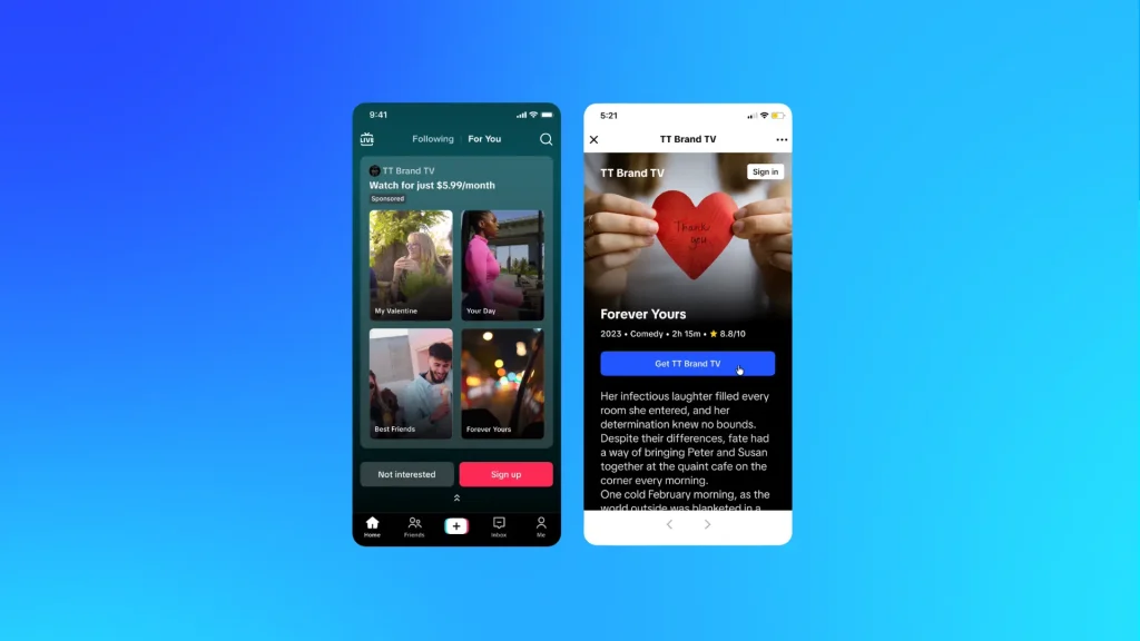 TikTok Brand TV and streaming ad format preview displayed on mobile screens, highlighting premium video placements and subscription-style ad formats.