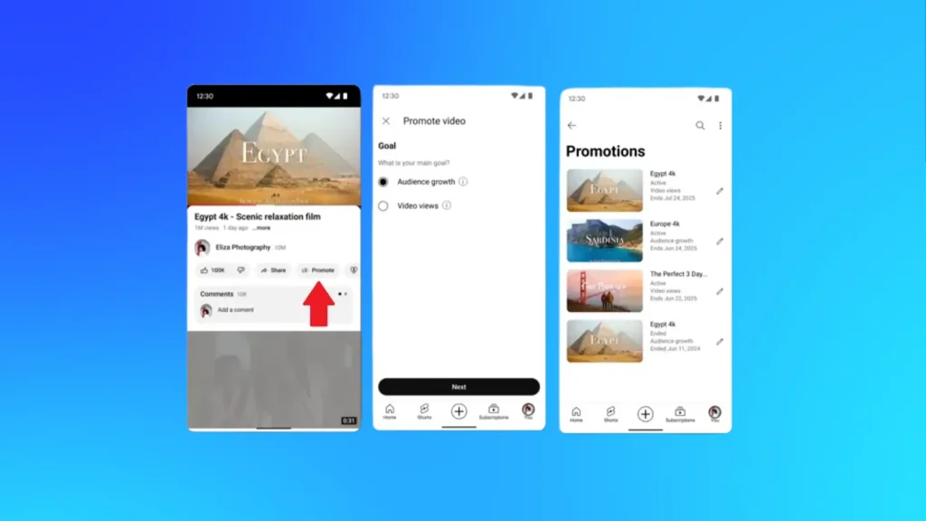 YouTube Promote feature showing audience targeting options and promoted video setup, highlighting AI-powered tools for YouTube advertising