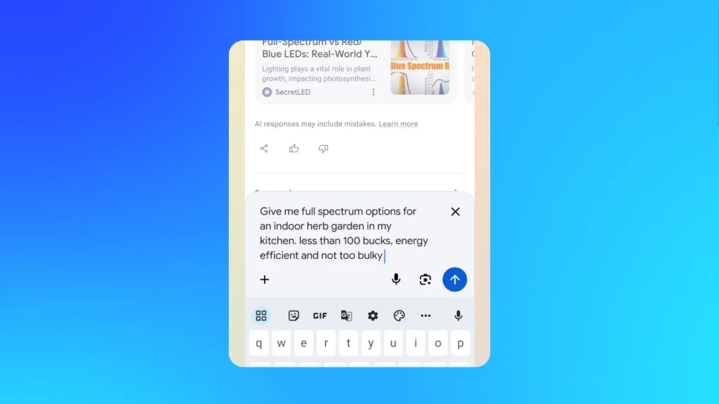 Google AI Overviews powered by the Gemini 3 model, showing conversational search results where follow-up questions transition users directly into AI Mode