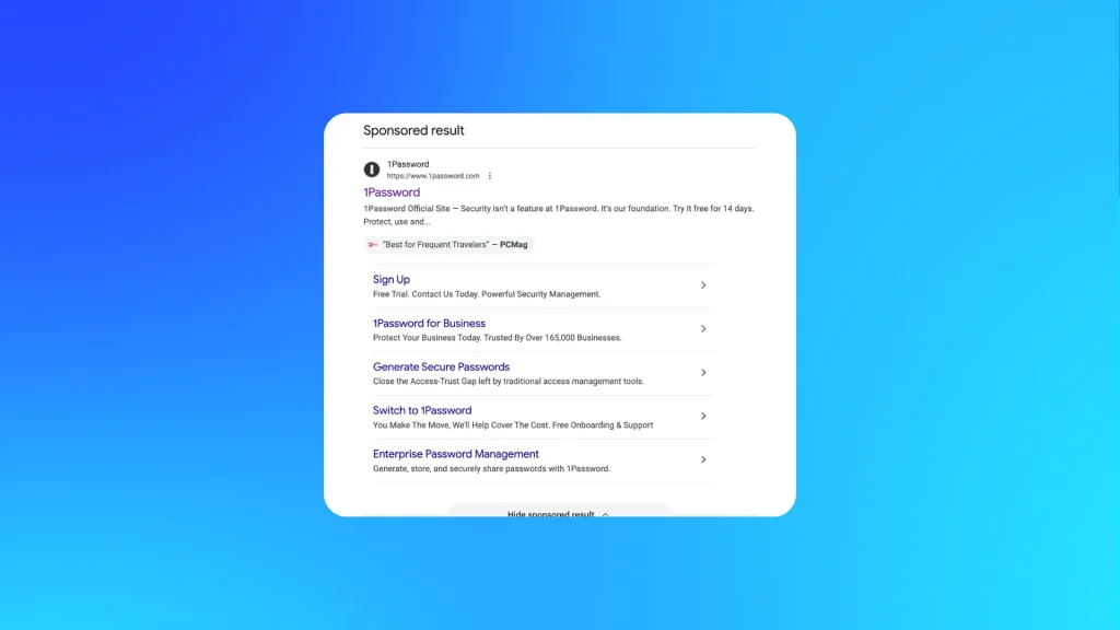 Google Search ads displaying third-party endorsements within sponsored results, reinforcing credibility signals alongside paid search listings