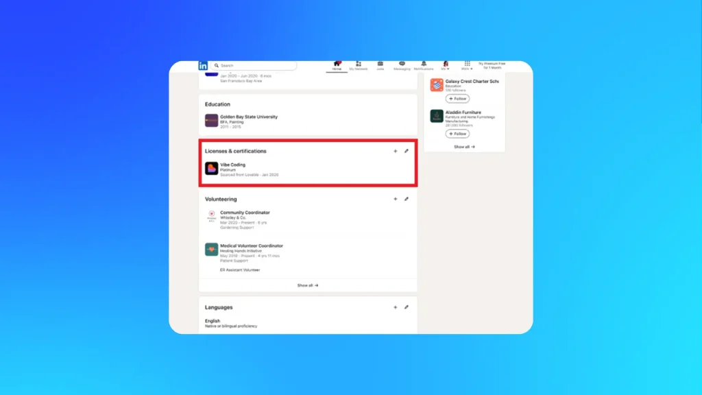 LinkedIn profile section showing verified generative AI qualifications, turning real AI tool usage into visible credibility signals for professionals