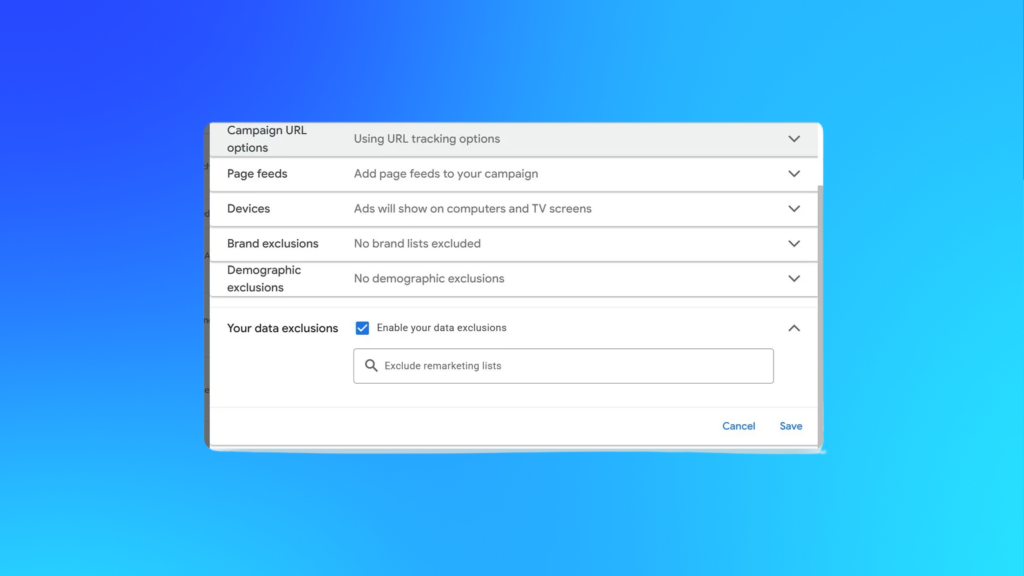 Google Ads campaign settings showing first-party data exclusions in Performance Max, allowing advertisers to exclude remarketing and Customer Match audiences