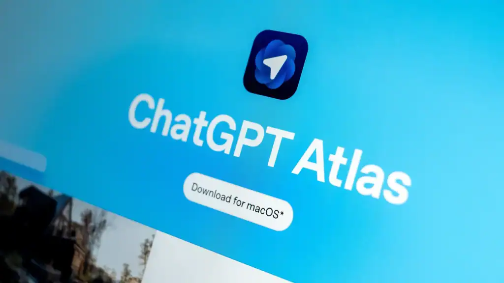 Close-up of the ChatGPT Atlas browser interface with a download button for macOS, representing OpenAI’s move into AI-powered browsing and its impact on digital marketing and search behaviour.