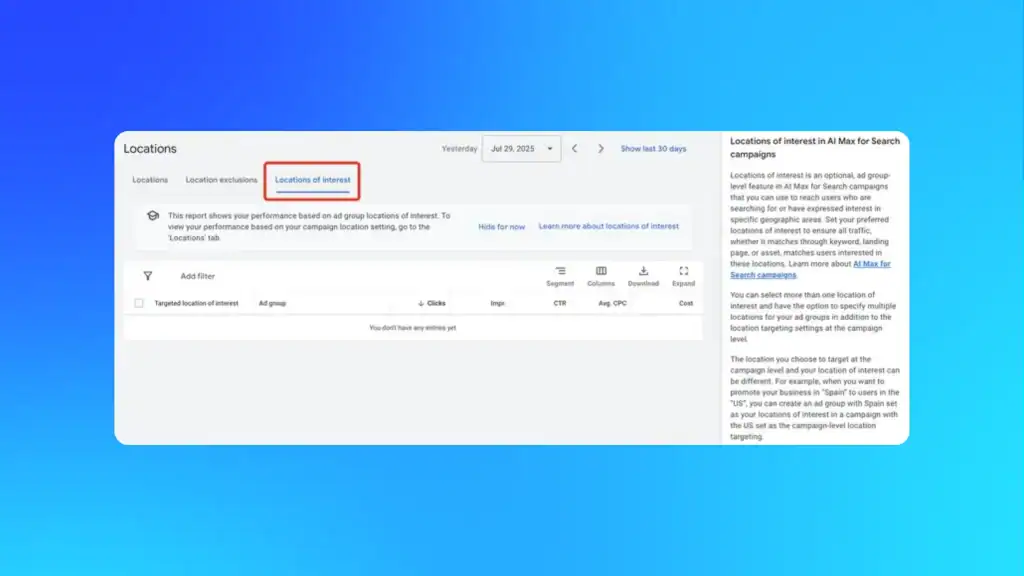 Google Ads “Locations of Interest” report for AI Max for Search campaigns, showing location-based targeting and performance insights for PPC advertisers.