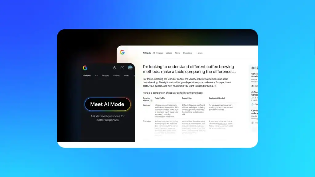 Google Search page displaying AI Mode results comparing coffee brewing methods, showing how AI Search enhances everyday digital marketing tasks.