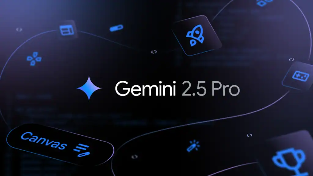Promotional graphic showing the Gemini 2.5 Pro logo surrounded by digital icons, representing Google’s advanced generative AI tools powering innovation in digital marketing and SEO.