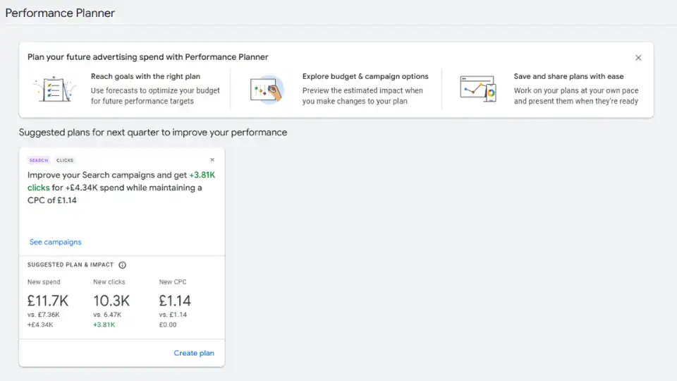 Google Ads Performance Planner with suggested plans for budget optimisation and forecasting – Google Ads agency and campaign automation update.
