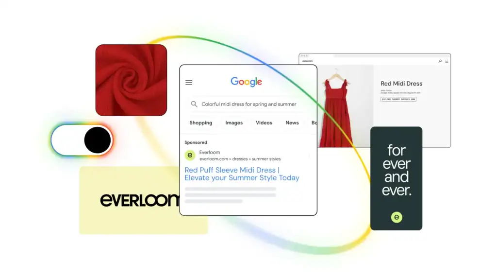 Example of AI-generated search ad and product page connection using AI Max for Search, demonstrating keywordless ad matching and creative optimisation in Google Ads.