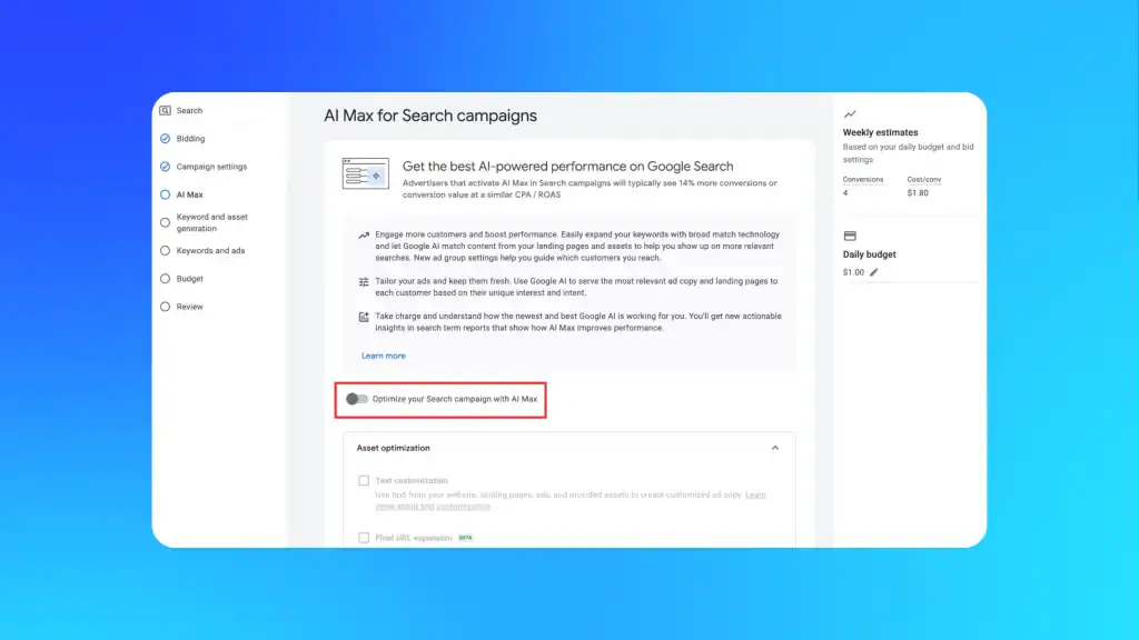 Google Ads setup panel displaying AI Max for Search activation toggle and optimisation options, illustrating how to enable AI search automation in PPC campaigns.