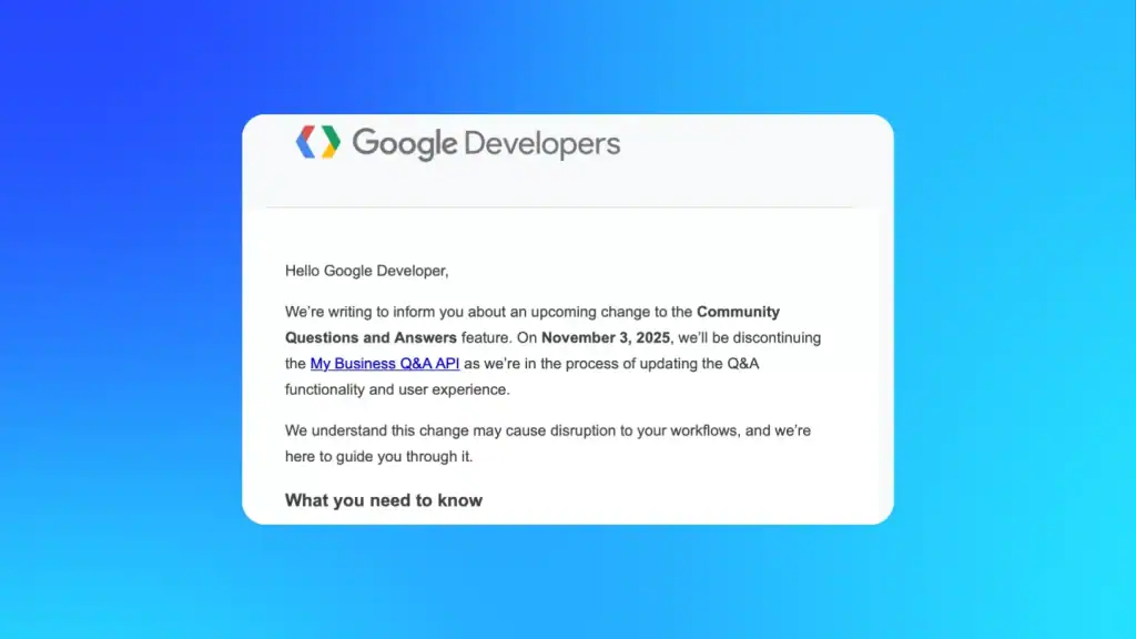 Google email to developers about the Google Business API update.