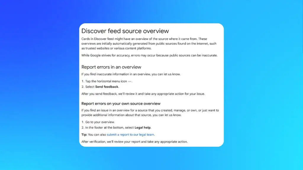 Screenshot of Google’s Discover feed help page explaining how users can report errors or verify source information in content overviews.